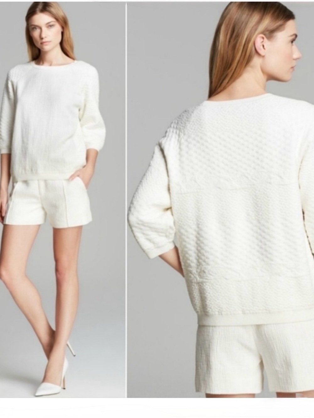 Vince Textured Cream Pullover Top Size Medium Luxe Minimalist 3/4 Sleeve